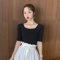 French square collar short-sleeved top womens middle sleeve white tight t-shirt u-neck retro slim slim leak clavicle five-point sleeves