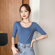 Black mid-sleeve t-shirt womens slim slim three-point sleeve white cotton top thin base shirt Korean version round neck short