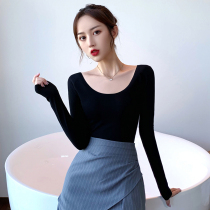 Black large u-neck base shirt womens inner long-sleeved low-collar autumn and winter versatile top Autumn and winter large neckline tight t-shirt tide