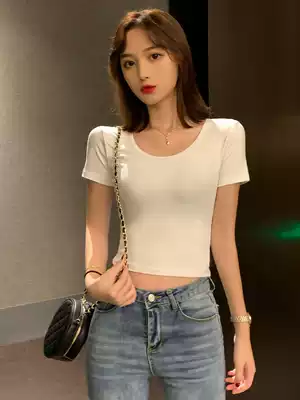 White short t-shirt umbilical top women's short-sleeved summer avocado green high-waist tight-fitting slim sexy ins tide