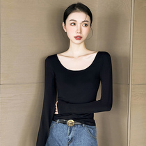 Black beating undershirt female inner lap 2022 autumn winter new large u low collar long sleeve t-shirt plus suede foreign air tight blouses