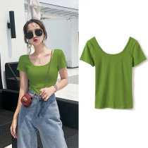 Large u-neck t-shirt womens avocado green short-sleeved summer large neckline slim solid color cotton wild tight low-neck top