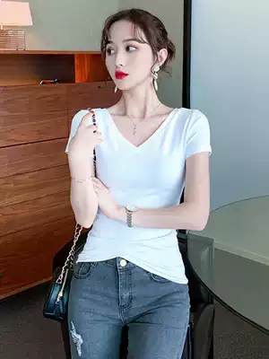 2021 new summer tight V-neck short-sleeved T-shirt women's slim and thin pure white top Korean version of the tide double V-neck
