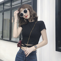 Strap umbilical round neck short-sleeved t-shirt Korean version white base shirt sexy slim 2020 new ins all-in-one top