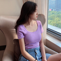 u-neck short-sleeved t-shirt womens 2021 new cotton white large neckline solid color slim-fit top low-neck tight-fitting t-shirt