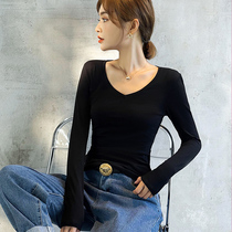 Black V neckline undershirt female autumn and winter foreign air inner lap long sleeve plus suede 2021 new low collar tight blouses