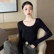 Black beating undershirt female round neckline with 2022 autumn and winter new low collar long sleeve t-shirt plus suede warm foreign air blouse