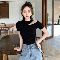 Black semi-high collar t-shirt womens short-sleeved slim-fit top pure cotton 2020 new Korean version of the tight half-sleeve t-shirt middle collar