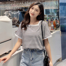 Short-sleeved t-shirt womens 2021 summer new cotton large size loose t-shirt wild square collar black and white striped top