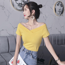 Turmeric v-neck short-sleeved t-shirt womens low collar 2021 new slim sexy halter large neckline top half-sleeve t-shirt summer
