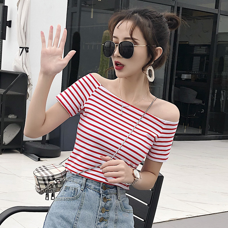 Word-lined open navel short sleeve t-shirt female Korean version Dew Shoulder Striped Blouse 2022ins Tide summer Nets for the undershirt