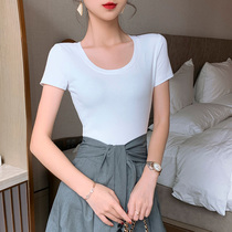 Round neck short-sleeved t-shirt womens slim solid color 2021 new base shirt tide inside match Korean ins blouse Western style is thin