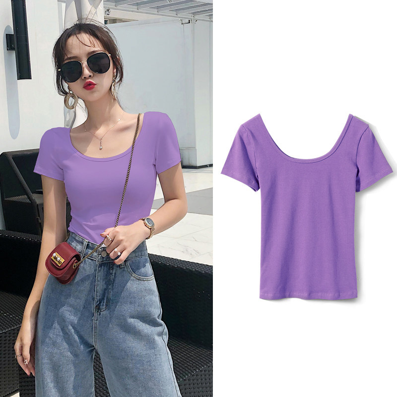 Purple U-collar T-shirt pure short sleeves summer neck v fit in a tight coat in low-collar in Han tide