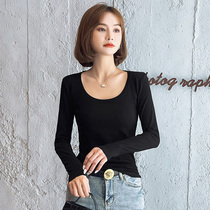 Undershirt woman autumn and winter foreign gas plus suede round neckline 2021 New u collar long sleeve t-shirt pure cotton tight blouse
