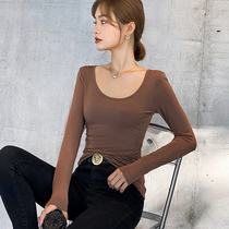 Modell slats undershirt female low collar with long sleeves T-shirt u collar 2022 New spring autumn and winter foreign air tight blouses