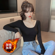 Gush thickened beating undershirt female autumn and winter foreign air inner lap black U collar tight with long sleeves low collar 100 lap warm blouses