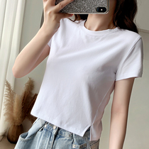 High-waisted t-shirt womens short-sleeved umbilical slim Korean version of the short round-neck top half-sleeve T-shirt net red tight ins tide summer