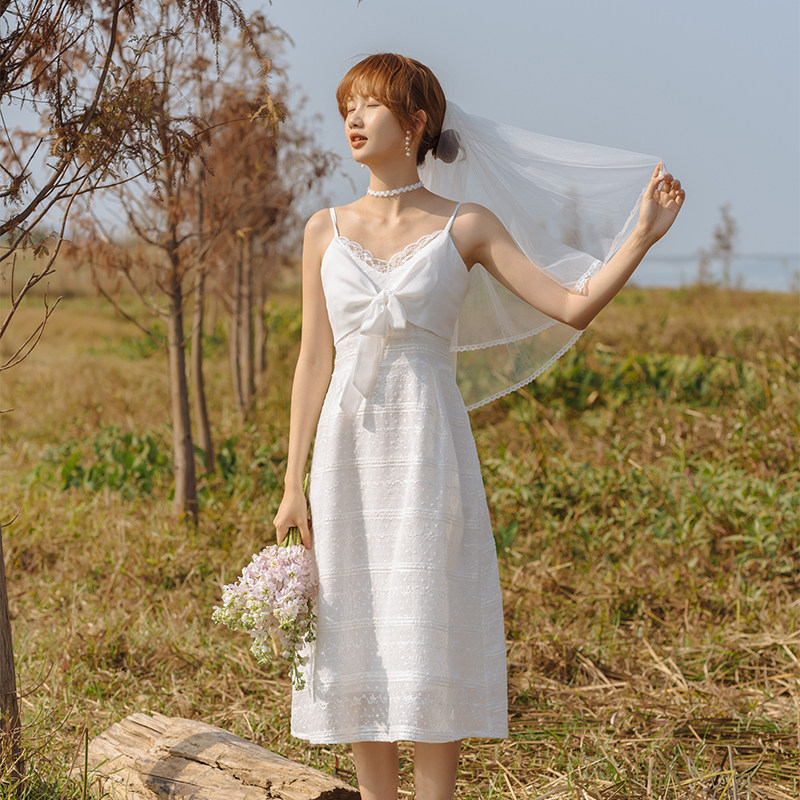 22 Summer new retro - thin waist A - word brigade holiday in butterfly bow fairy hanging dress wedding dress