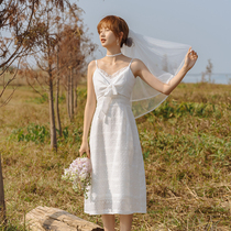 21 summer new retro slim waist waist A word travel shoot holiday ins bow fairy suspender dress light wedding dress
