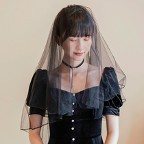 Heart] Black Hong Kong style retro Halloween simple bride hair fork soft net veil travel photo short plain yarn