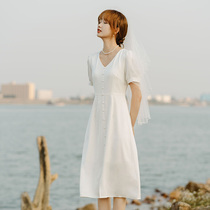 21 New summer French retro satin fairy sweet first love license registration small white dress engagement light wedding dress