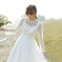 21 Autumn New French Super fairy embroidery slim waist collar registration small white dress engagement light wedding dress