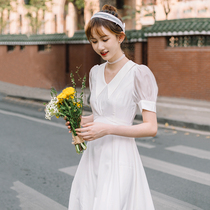  Time]Summer new French gentle first love dress certificate registration light wedding dress fairy Hepburn simple bellflower collar