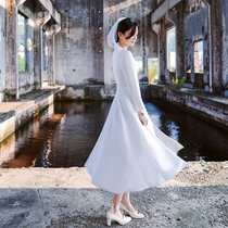  Time]21 autumn and winter French retro long-sleeved dress simple large pendulum collar registration light wedding white skirt