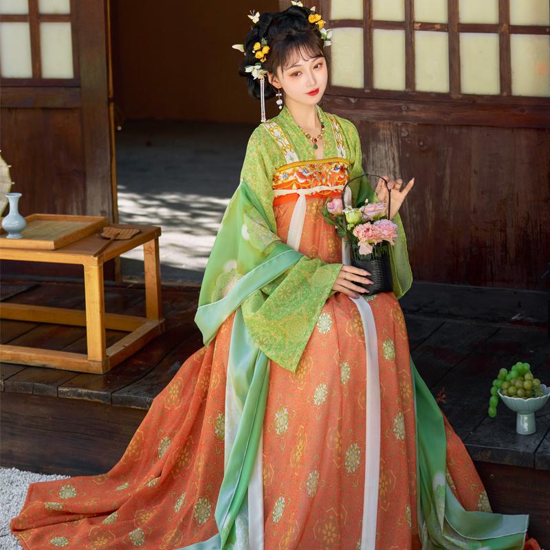 Han Qianlu Chang'An Hua Original Hanfu for Women, Tang-Style Restored One-Piece Embroidered Chest-Length Eight-Panel Skirt Set, Slimming Effect