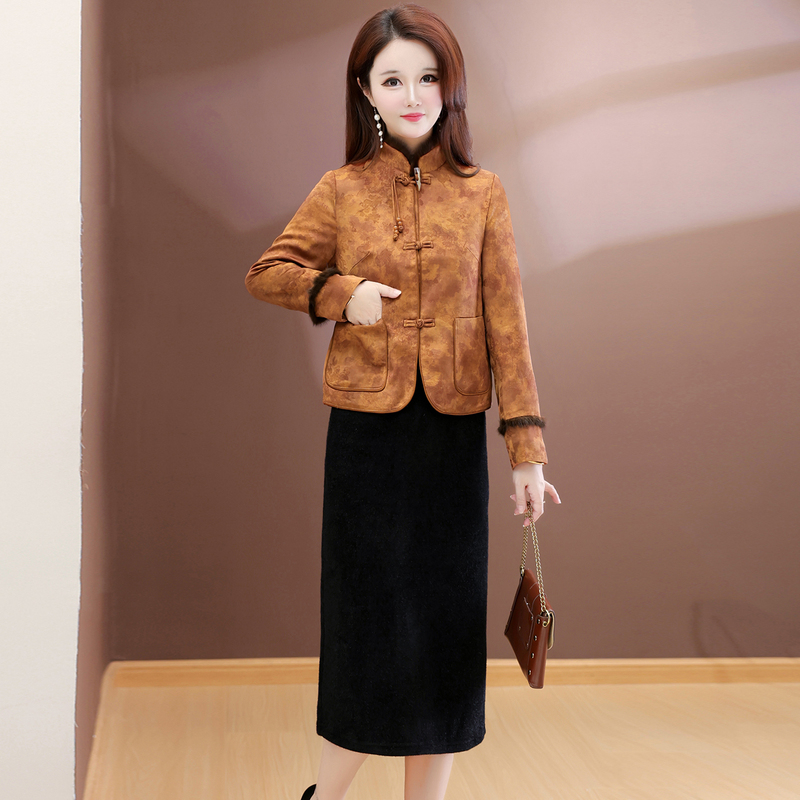 New Chinese-Style Buttoned Cotton Dress and Skirt Set for Women, Spring 2026 Hot-Selling Model, High-End Thin Padded Cotton Jacket for Mothers
