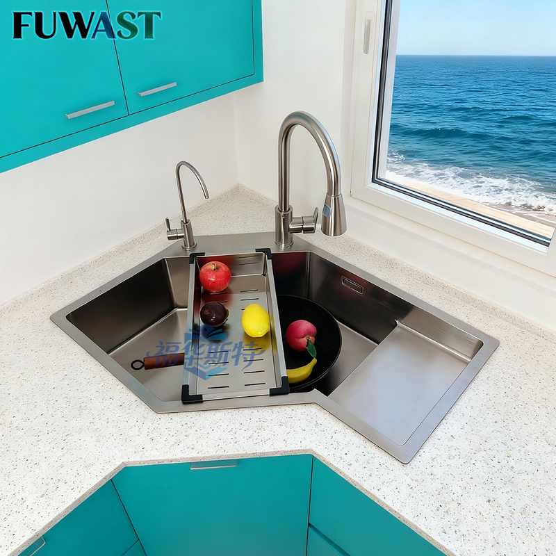 Fuhamer Diamond-Shaped Corner Sink with Thawing Plate Thickeneded Stainless Steel Corner Sink Special-Shaped Dishwashing Sink Fuhamer Diamond-Shaped Corner Sink with Thawing Plate Thickeneded Stainless Steel Corner Sink Special-Shaped Dishwashing Sink