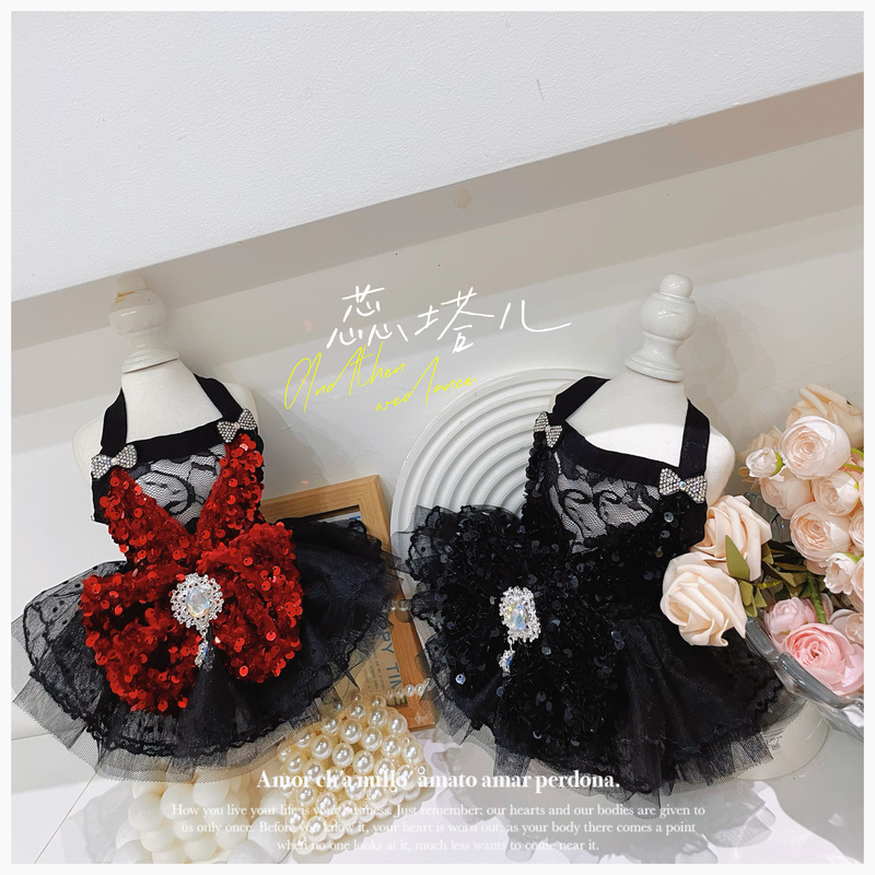 Ultra-Small Dog Clothes Maltese Bichon Sequin Suspender Tulle Skirt Teddy Hepburn Style Black Dress Summer Ultra-Small Dog Clothes Maltese Bichon Sequin Suspender Tulle Skirt Teddy Hepburn Style Black Dress Summer