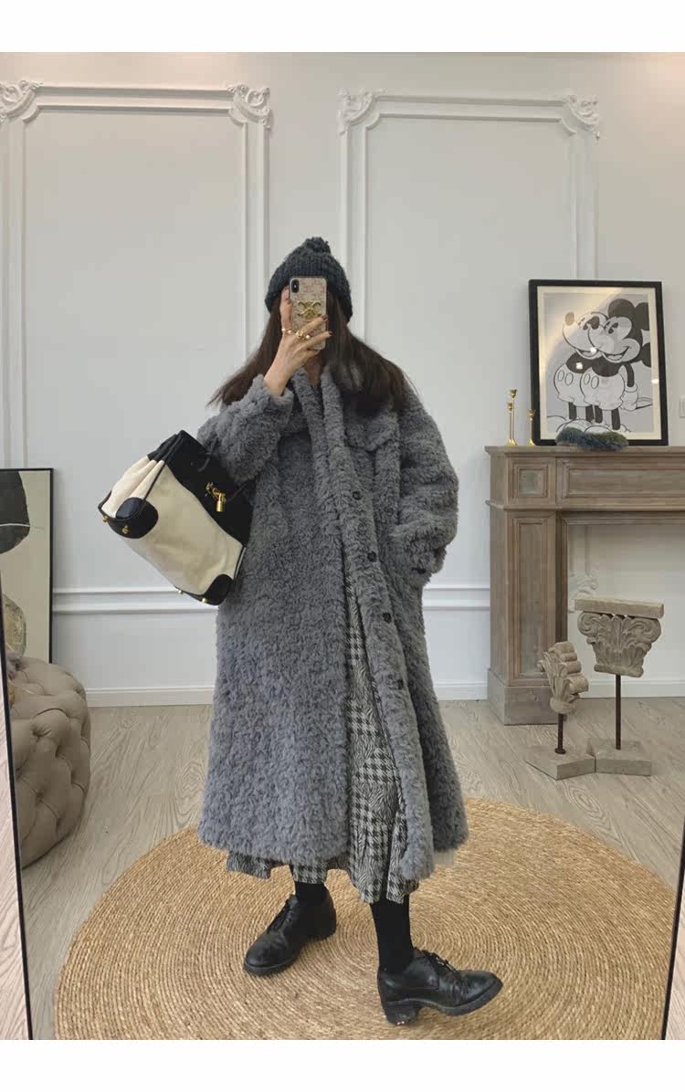 皮毛一体大衣女2021秋冬新款韩版中长款复古宽松加厚羊羔毛呢外套详情3