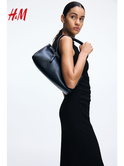 HM女装连衣裙2025夏新款褶皱迷笛裙无袖晚礼服圆领修身裙1268130