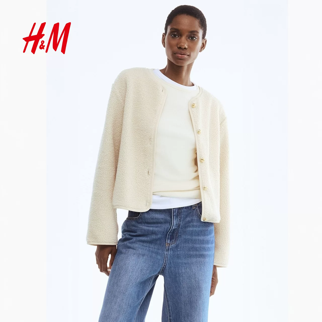HM Women's Short Jacket Teddy Velvet Round Neck Small Fragrance Style Jacket 1308700
