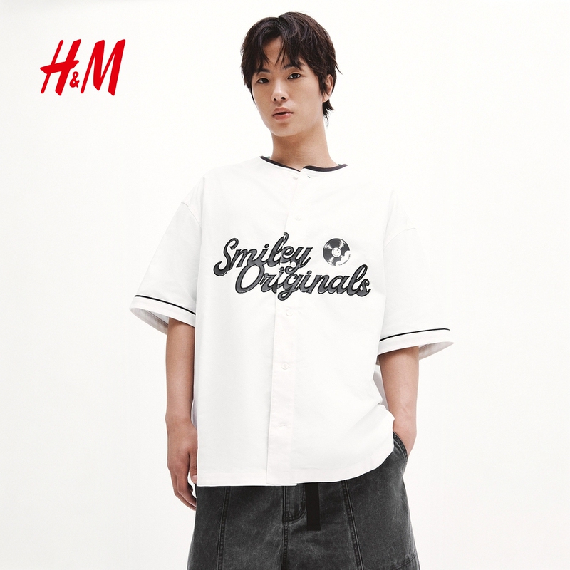 【Smiley】Hm Men's Shirt 2026 Summer New Loose Fit Printed Cotton Baseball Shirt 1340562