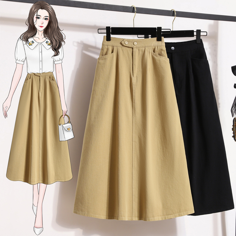 Plus-Size Women's Hong Kong Style Workwear Denim Skirt, Fat mm (Plus-Size Woman) Hip-Covering, Slimming, Solid Color, Age-Reducing, Washed Cotton A-Line Skirt