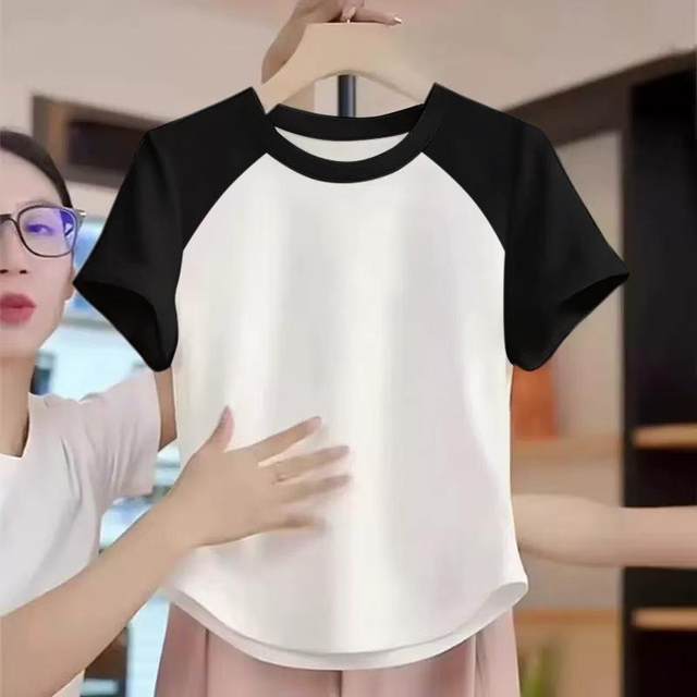 Raglan splicing irregular hem design short white short-sleeved T-shirt women's tops 2025 new summer
