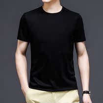 Mens Youth high end short sleeve t-shirt round neck mulberry silk cotton solid color high grade black base shirt