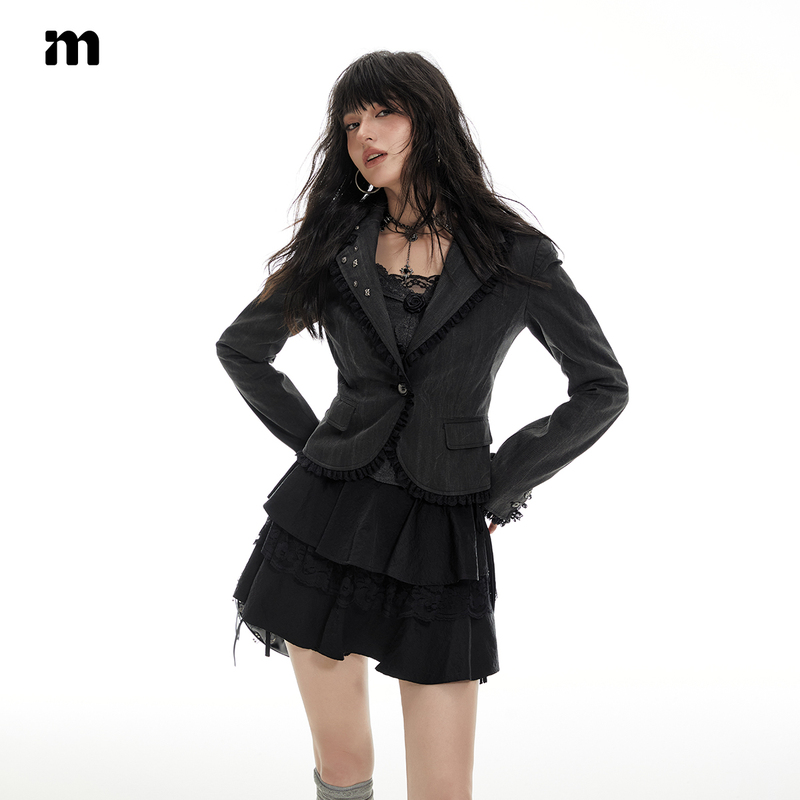 Imone Spring and Autumn New Retro Palace-Style Lace Ruffled Waist-Slimming Short Blazer