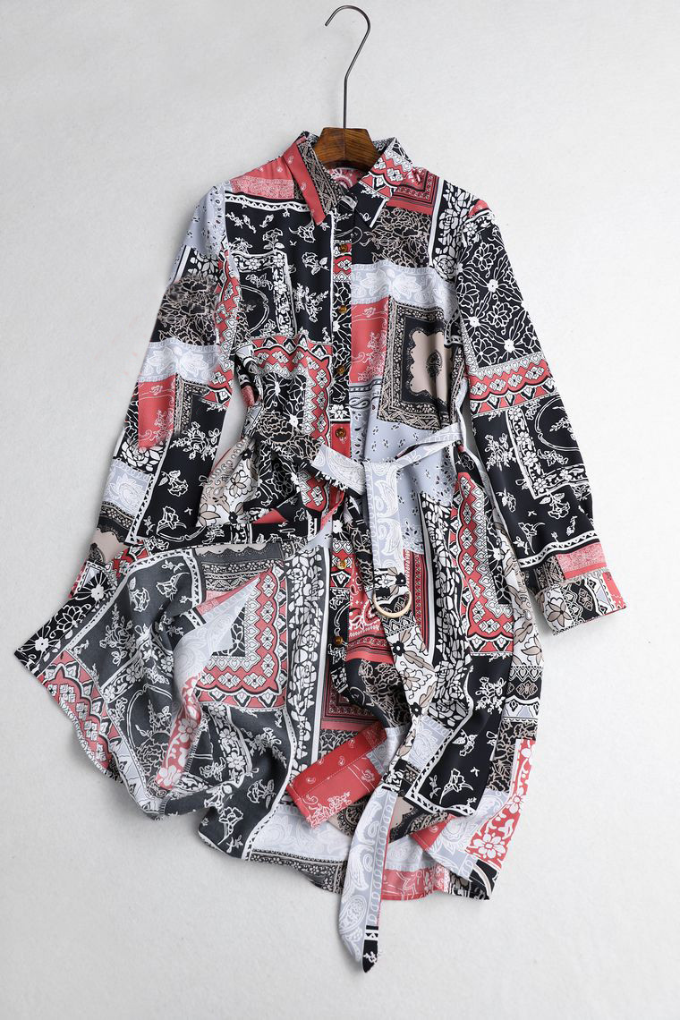 D42 Original DAN Early Spring New Chicken Fried Chicken Flash Printing Waist Shirt Dress