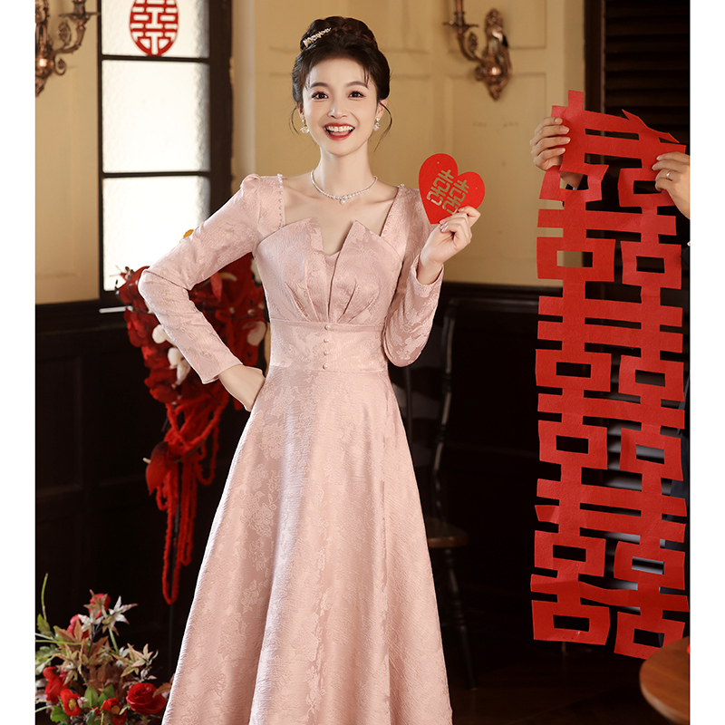 Pink Engagement Annual Party Evening Dress, Autumn and Winter Long-Sleeved Toast Dress, Bride and Bridesmaid Dress, High-End Light Luxury Niche