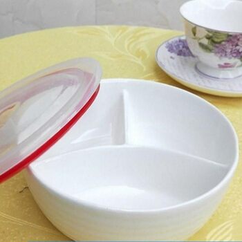 Ceramic Dinner Plate with Lid and Divided Compartments, Microwaveable, Suitable for Steaming Dishes, Made in Chaozhou, with a Selection of Dishes Included