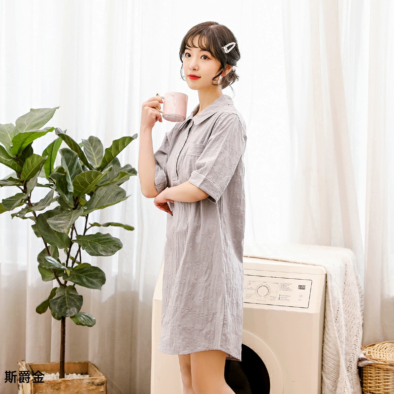 Thường trong bộ đồ ngủ nữ mùa hè jacquard cotton tay áo váy ngủ đơn giản màu có thể mặc quần áo sinh viên ở nhà - Đêm đầm