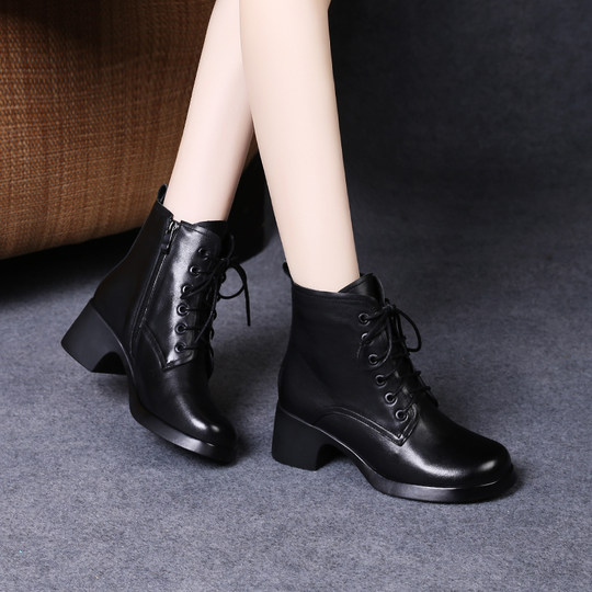 娇奇莎马丁靴女春秋英伦风单靴系带短靴女真皮女鞋秋冬中跟皮鞋