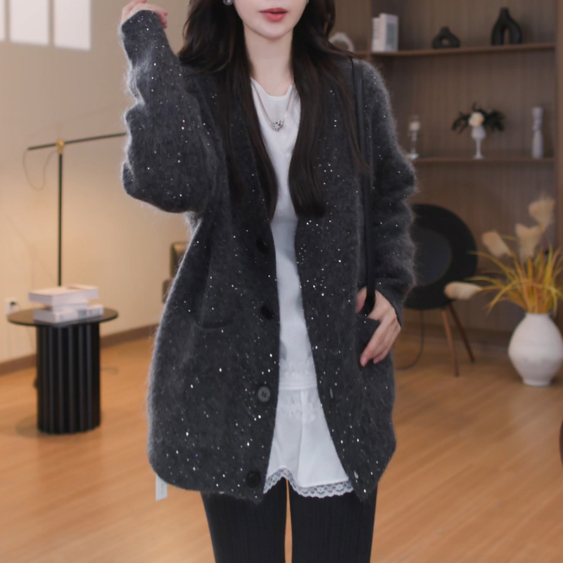 Lazy Style Gray Sequined V Neck Knitted Cardigan for Women 2026 Autumn and Winter New Style Mid-Length Loose Sweater Jacket