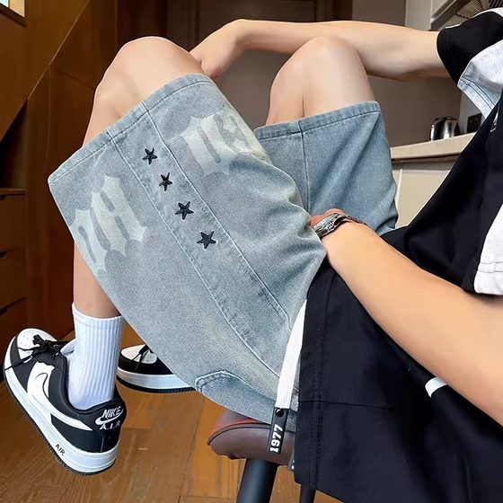 
Summer thin denim shorts for boys, junior high school students, loose straight mid-trousers, teenagers, big children, wash five-point pants