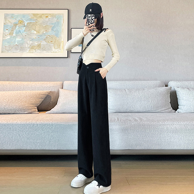 Chenille narrow wide-leg pants women's autumn and winter plus velvet thick corduroy pants high waist straight drape casual suit pants