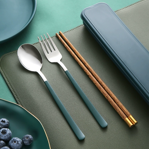 Портативная посуда, палочки для еды из нержавеющей стали, ложка, комплект для школьников, коробка для хранения, скандинавский стиль, 3 предмета