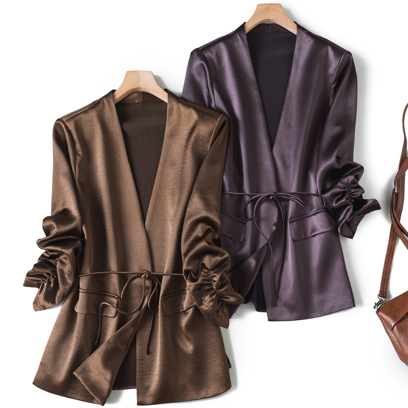 Super Quality Acetate Satin Glossy Anti-Wrinkle Suit, Spring and Summer Thin Collarless V-Neck Small Tie Suit Jacket Super Quality Acetate Satin Glossy Anti-Wrinkle Suit, Spring and Summer Thin Collarless V-Neck Small Tie Suit Jacket